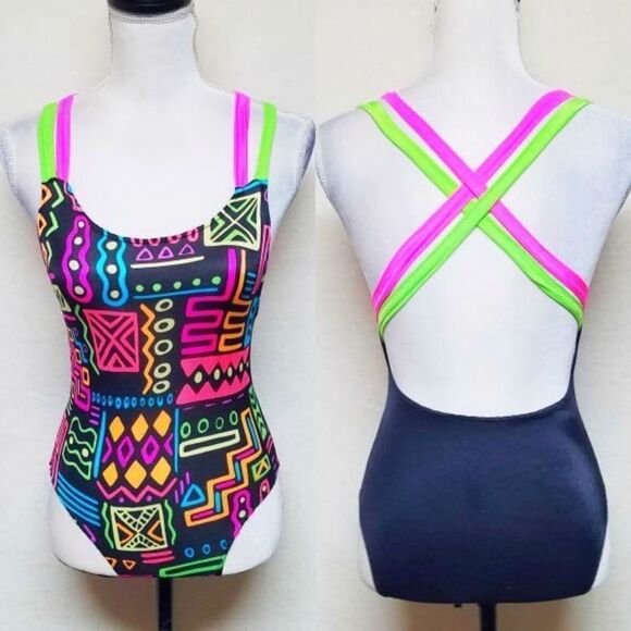 VINTAGE New Horizons Neon Retro Strappy Swimsuit - Picture 1 of 15
